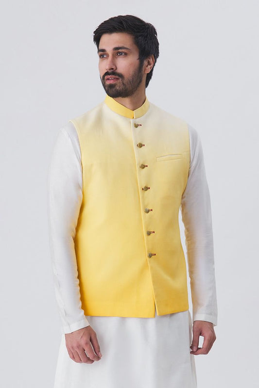 Aadarsh White To Yellow Shade Nehru Jacket